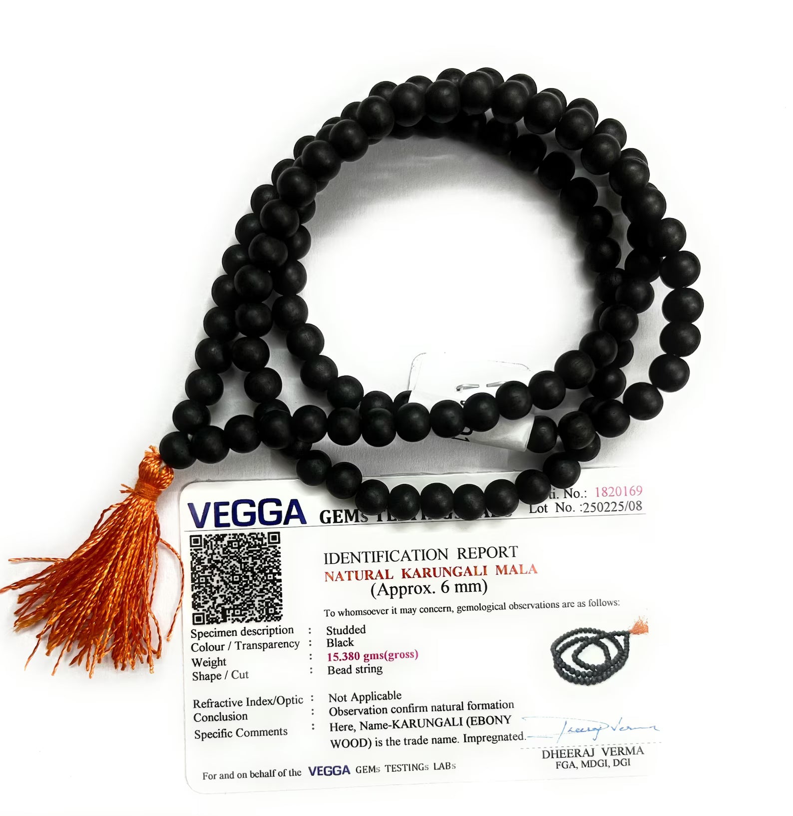 Original Karungali Malai 108-Beads Ebony Wood with Govt. Certified